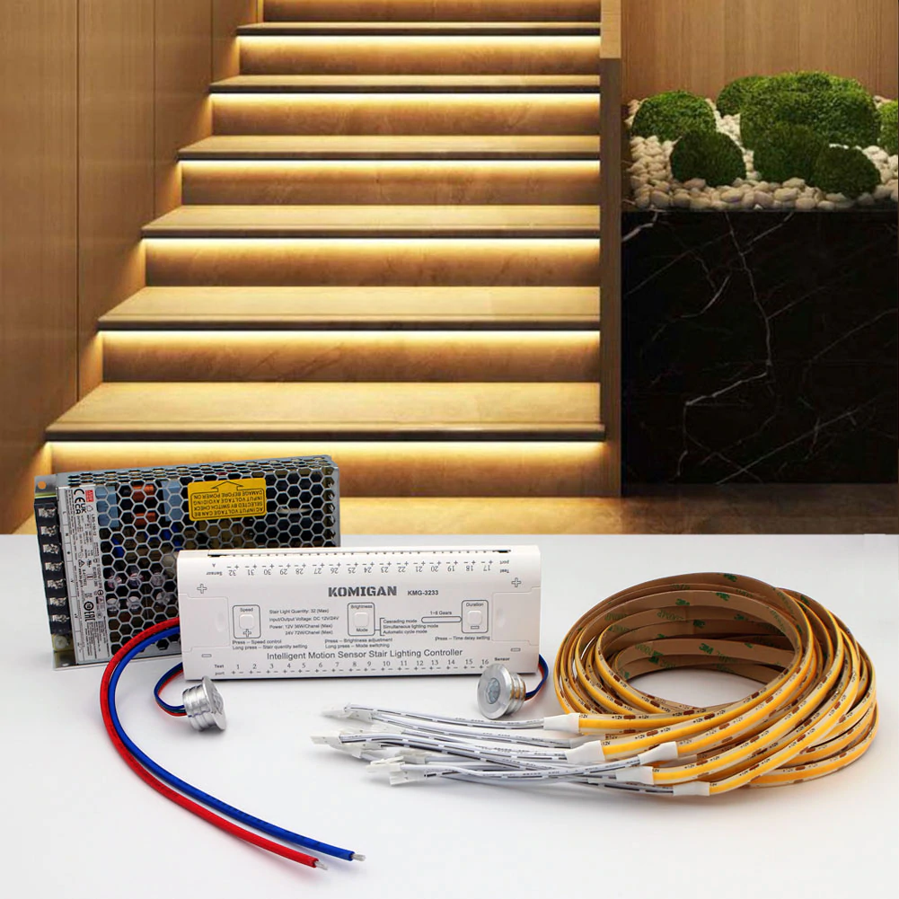 White LED Stair Light Kit - Intelligent Motion Sensor Stair Lighting, 60 Inches Long Cuttable Flexible COB LED Strip Light for Indoor LED Stair Lights/ LED Step Lights